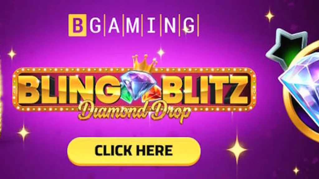 Tampilan visual mesin slot Bling Blitz Diamond Drop dengan latar belakang berlian yang berkilau.