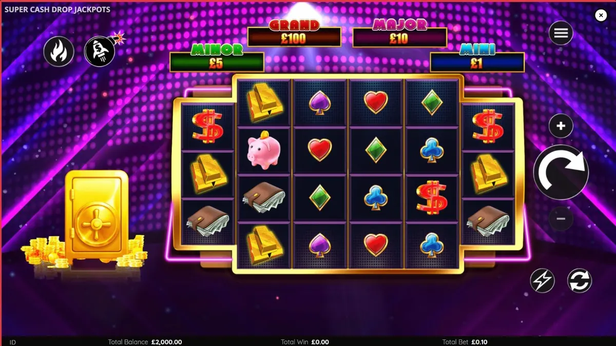 Tampilan visual neon dari slot Super Cash Drop Jackpots dengan simbol brankas dan uang